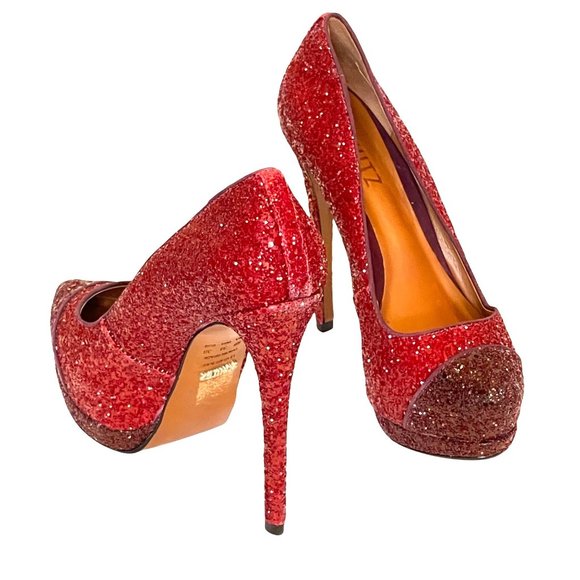 Schutz Stilletos Red Glitter Platform High Heels Lux Glam Party Shoes Size 5B - Picture 3 of 12